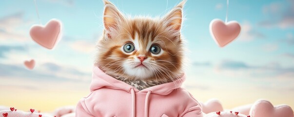 Canvas Print - Cat in Valentine's Costume Concept. Cute kitten in a pink hoodie surrounded by heart-shaped decorations