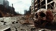 ©  Jovaduplex - A skull lies ominously on a street, surrounded by decay and urban ruins under a muted sky, reflecting past life and death in a haunting, deserted cityscape.