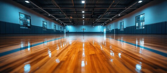 Wall Mural - Empty, shiny hardwood basketball court in a modern indoor gym with blue walls and windows.