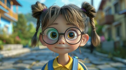 Wall Mural - A cute little girl with glasses, big eyes