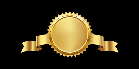 Wall Mural - gold medal with horizontal ribbon vector illustration. 3d realistic golden award isolated on black b