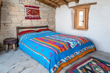 A cozy ethnic home interior, featuring colorful rugs, handmade furniture, and traditional decorations