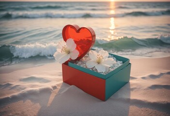 Poster - Red Heart Box and White Flower in Striking Double Exposure Portrait