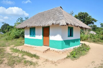Aufkleber - A minimalist design of a traditional ethnic house, represented with clean architectural lines and simple colors