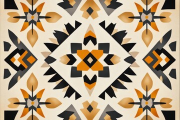 Wall Mural - A modern depiction of ethnic motifs arranged symmetrically, with sharp geometric shapes and earthy tones