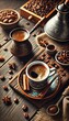 © organik - Turkish coffee cooking in sand on wooden background