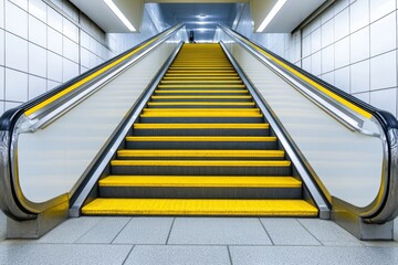 Poster - A quiet early morning scene of an empty escalator in a subway station, with soft, natural light streaming in