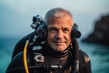 Wall Mural - Portrait of a senior man scuba diver looking at the camera