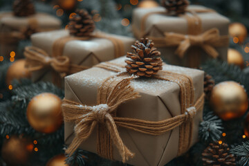 Wall Mural - Three brown boxes with pine cones on top and a string around them