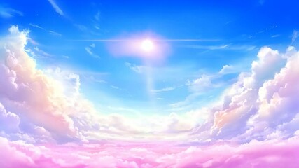 Sticker - A blue sky with a white sun and pink clouds. The sun is shining brightly and the sky is clear