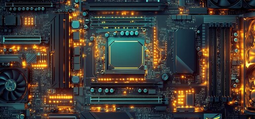 Poster - A close-up view of a circuit board with glowing components and connections.