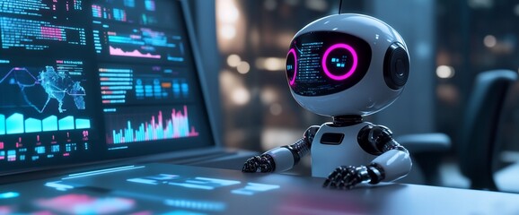 Poster - A futuristic robot analyzing data on a high-tech screen.