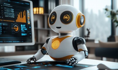 Poster - A friendly robot sitting at a desk, interacting with data on a screen.