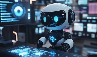 Poster - A futuristic robot interacting with technology in a digital workspace.