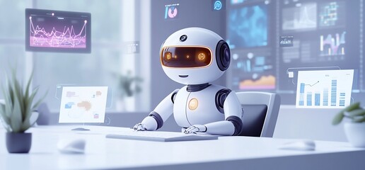 Poster - A futuristic robot working at a high-tech desk with data displays.