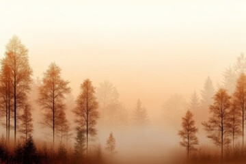 Naklejka na meble Morning fog envelops autumn trees in a serene forest landscape at dawn