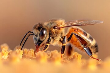 Wall Mural - Close-up of a bee collecting pollen in a warm environment during daylight hours