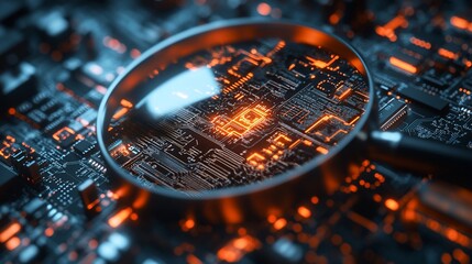 Poster - A magnifying glass over a glowing circuit board, highlighting technology.