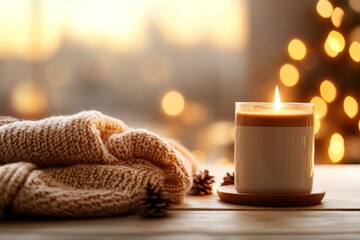 Wall Mural - Cozy winter evening with a lit candle, warm sweater, and festive lights in the background