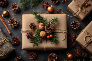 Wall Mural - A brown box with pine cones and walnuts on top of it