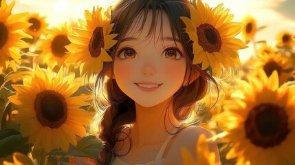 Poster - The girl wearing a flower crown is in the sunflower field