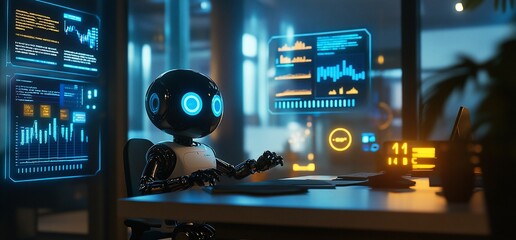 Poster - A robotic figure interacts with digital data in a modern office setting.