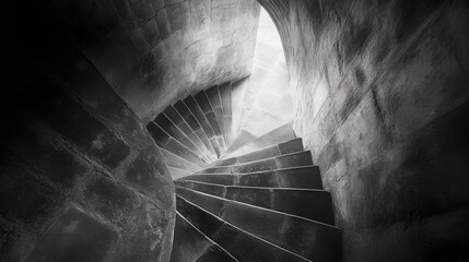 Aufkleber - A spiraling staircase in a monochromatic setting, evoking depth and perspective.