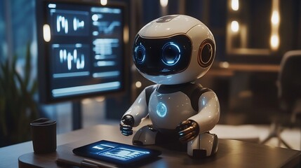 Poster - A small robot sits on a desk, interacting with a tablet in a modern office.