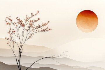 Wall Mural - Sunset over serene landscape with delicate tree silhouette and warm hues illuminating the sky