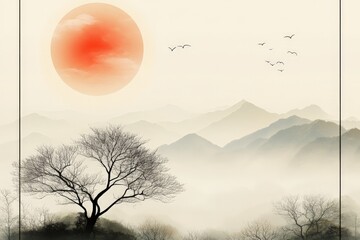 Poster - Serene sunset over misty mountains with silhouetted trees and flying birds creating a tranquil landscape