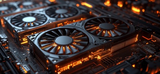 Poster - Close-up of a computer graphics card with glowing fans and circuitry.