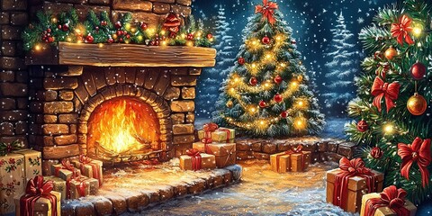 Wall Mural - Cozy holiday scene with decorated Christmas trees and a roaring fireplace amid falling snow