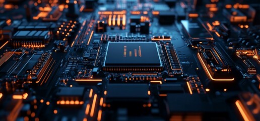 Poster - Close-up view of a circuit board with glowing components and connections.