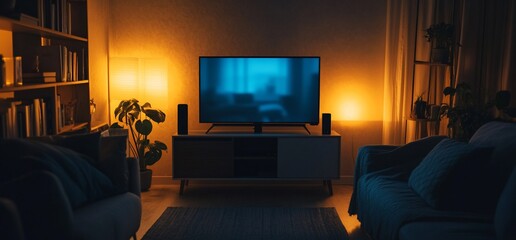 Wall Mural - Cozy living room with a TV and warm lighting in a dark setting.