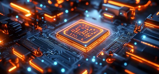 Poster - Close-up of a futuristic circuit board with glowing elements.