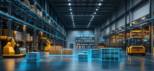 Poster - Futuristic warehouse with robotic arms and digital inventory management.