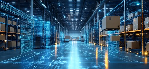 Poster - Futuristic warehouse with digital elements and organized storage.
