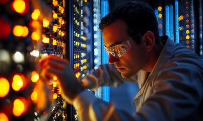 Poster - Technician working on illuminated control panels in a tech environment.