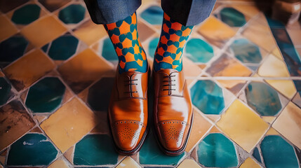 Wall Mural - A man wearing bright argyle socks and polished leather shoes, standing on a tiled floor