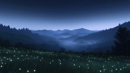 Wall Mural - A field of grass with a lot of fireflies. The grass is green and the fireflies are glowing