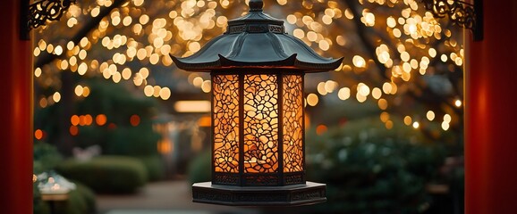 Wall Mural - A decorative lantern glowing amidst a backdrop of soft, warm lights.