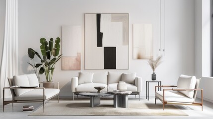 Sticker - A sophisticated and airy living room design featuring a white canvas backdrop, Elegantly arranged minimal furniture, Minimalist urban jungle style