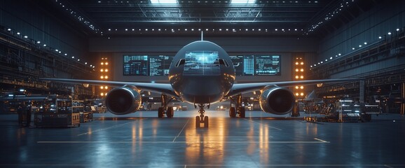 Poster - A large airplane in a well-lit hangar, showcasing industrial maintenance.
