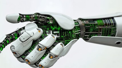 Wall Mural - A robotic hand with intricate circuitry and green illumination over white backdground