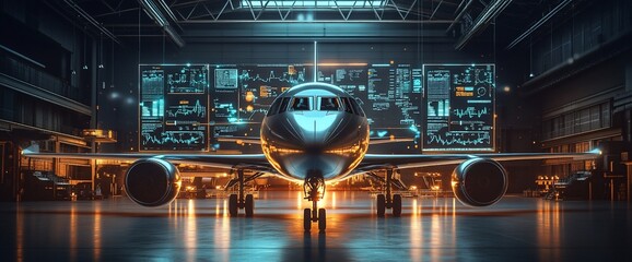Poster - A modern aircraft in a high-tech hangar with data displays.