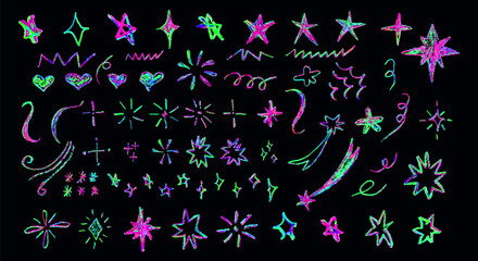 Wall Mural - set of colorful neon chalk drawing elements. shine or sparkle, hearts and stars doodle collection. c