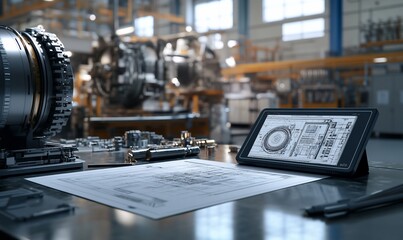 Poster - Technical workspace with engineering plans and machinery components.