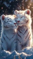 Wall Mural - Two adorable white tiger cubs cuddling in snowy winter scene.