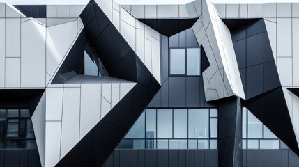 Aufkleber - Abstract architectural facade featuring dynamic geometric shapes and contrasting materials.