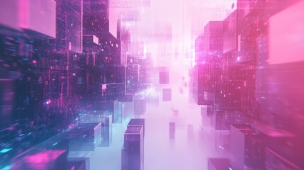 Poster - Abstract digital landscape with floating cubes in vibrant colors.